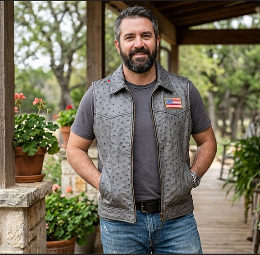 Men's Premium Grey Ostrich Leather Vest with American Flag Patch