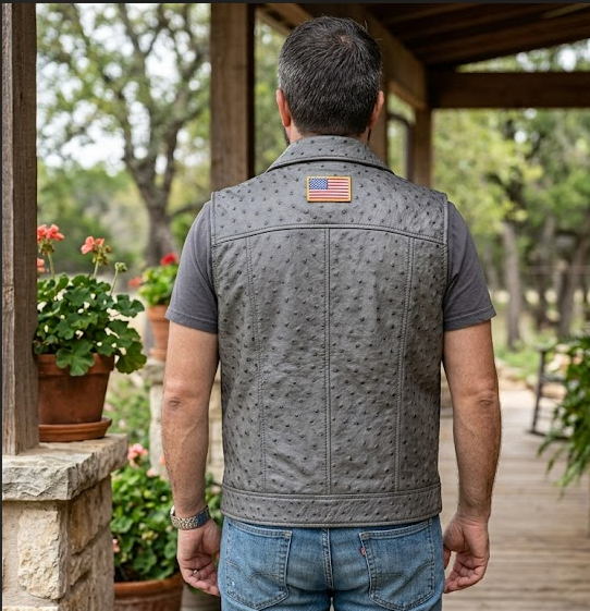 Men's Premium Grey Ostrich Leather Vest with American Flag Patch