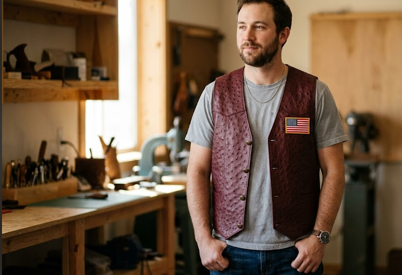 Handcrafted Burgundy Ostrich Print Leather Western Vest with American Flag Patch