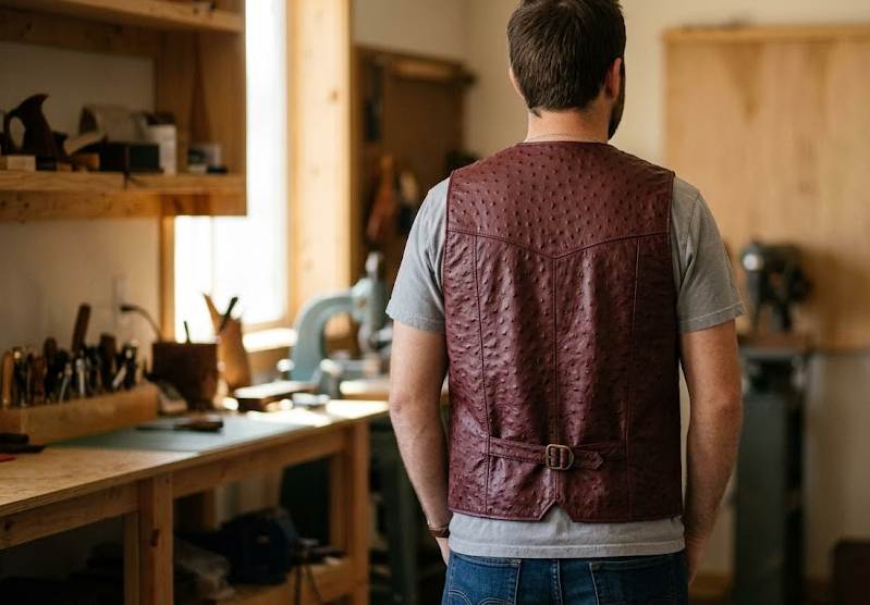Handcrafted Burgundy Ostrich Print Leather Western Vest with American Flag Patch