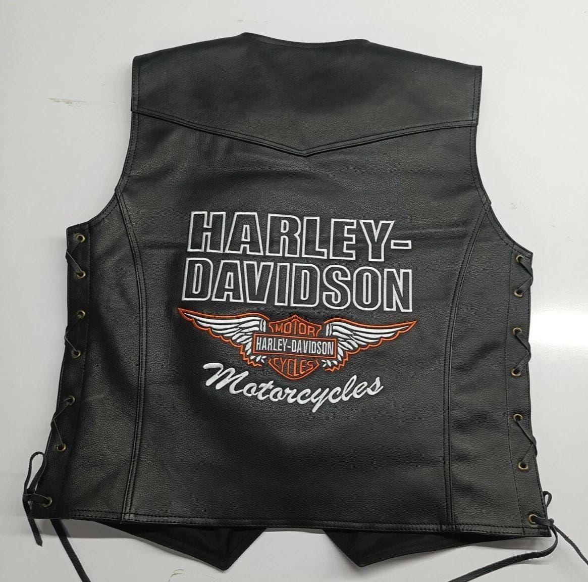 Men's Harley-Davidson Black Leather Biker Vest with Side Laces & Patches