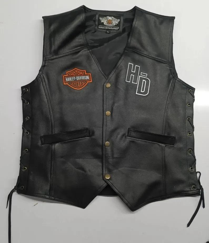 Men's Harley-Davidson Black Leather Biker Vest with Side Laces & Patches