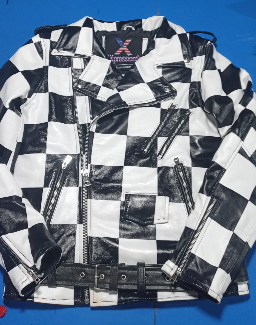 Men's Bold Checkerboard Leather Biker Jacket – Black & White Mono Racing Moto Jacket with Adjustable Belt and Asymmetrical Zippers