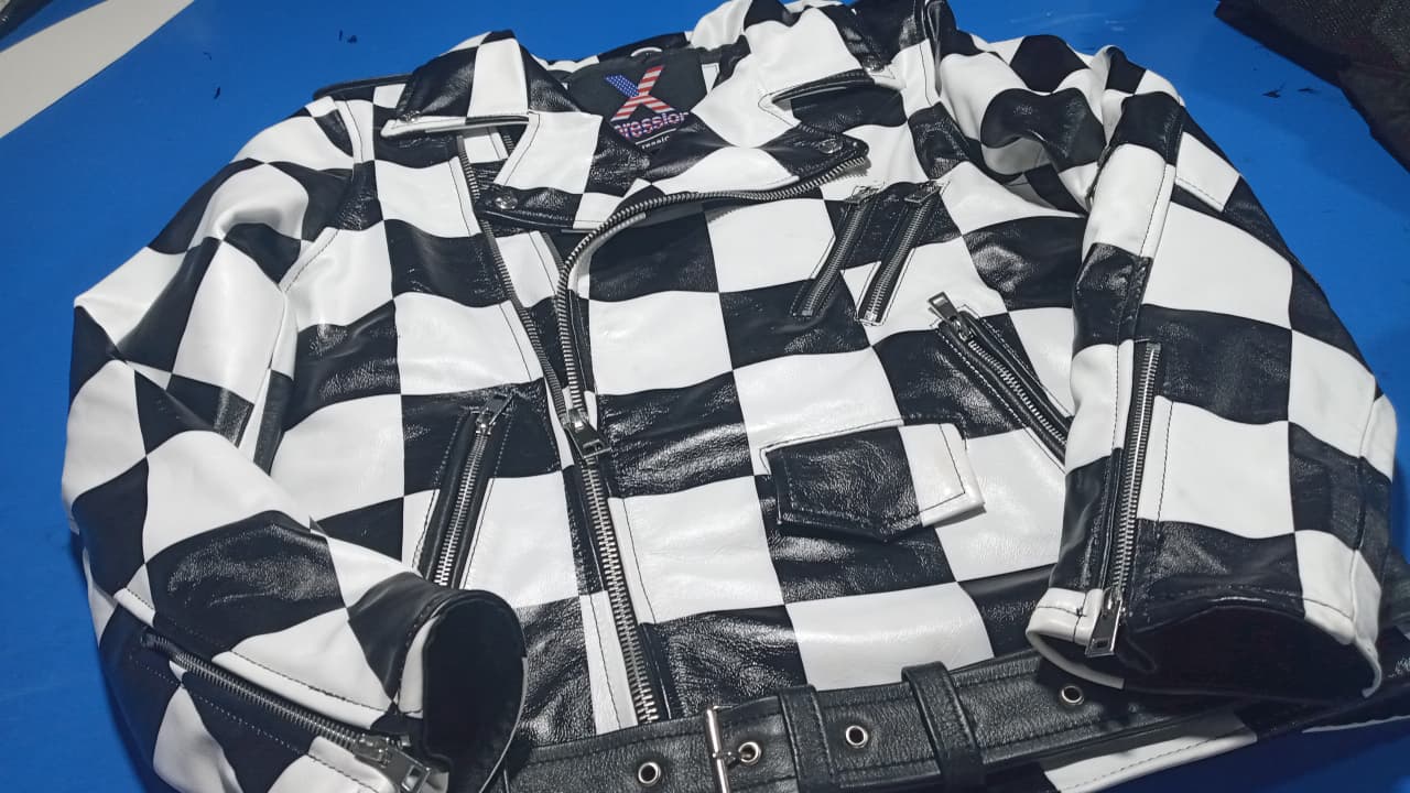 Men's Bold Checkerboard Leather Biker Jacket – Black & White Mono Racing Moto Jacket with Adjustable Belt and Asymmetrical Zippers