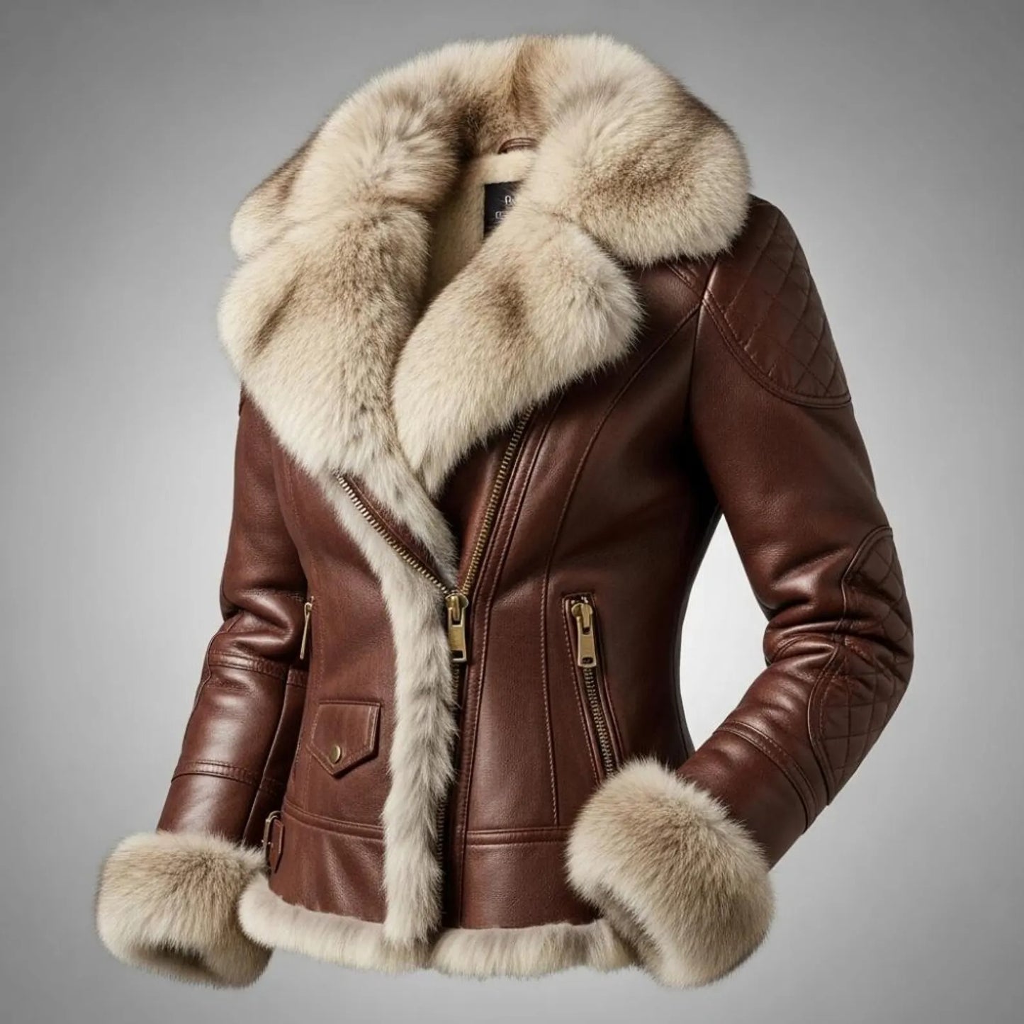 Women Brown Leather Jacket Fur Collar Slim Fit Winter Biker Genuine Leather Coat