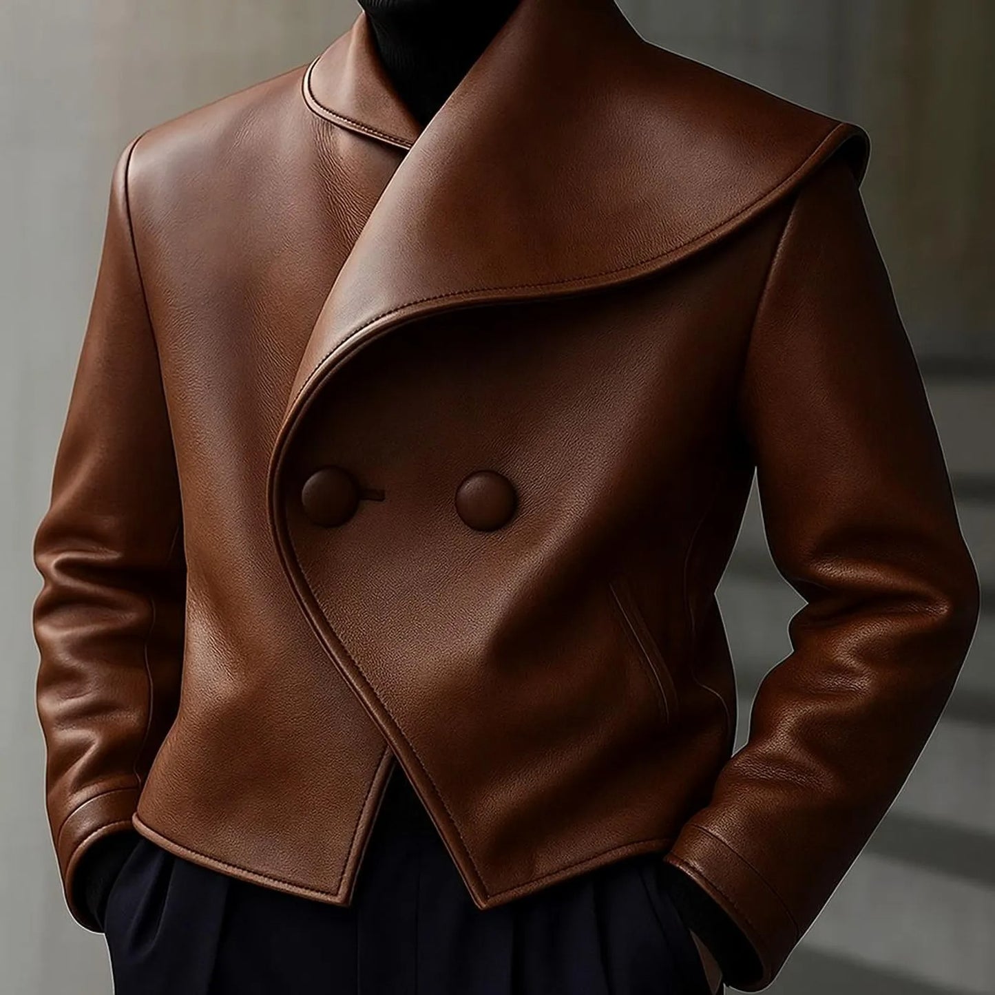 Men Leather Peacoat – Double Breasted Cold Weather Jacket Gift For Him