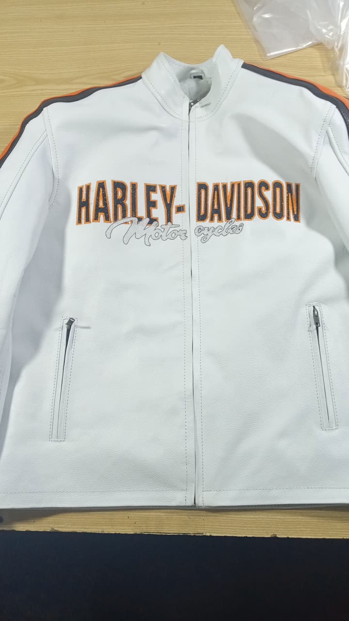 Harley-Davidson White Leather Biker Jacket – Orange Sleeve Stripes & Embroidered Logo