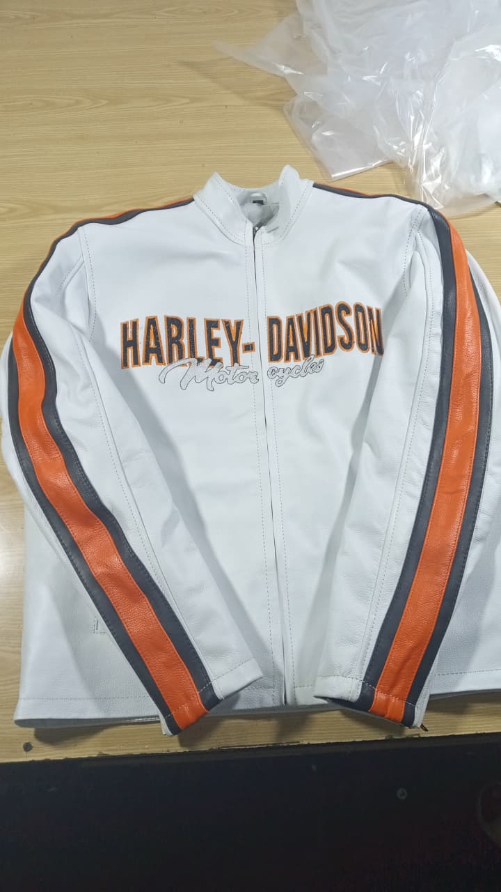 Harley-Davidson White Leather Biker Jacket – Orange Sleeve Stripes & Embroidered Logo
