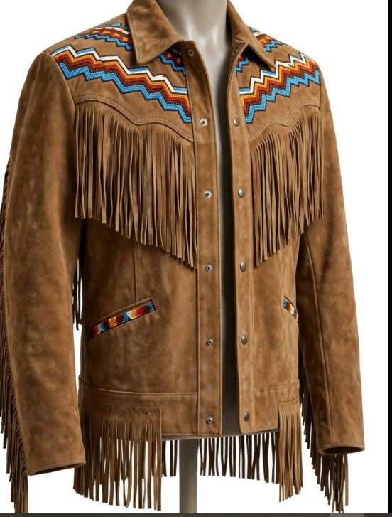 Men's Vintage Suede Leather Beaded Fringe Western Jacket