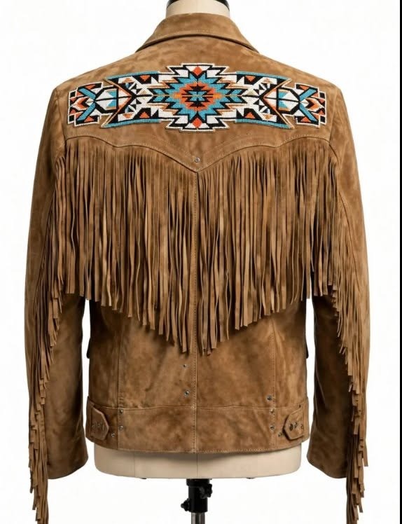 Men's Vintage Suede Leather Beaded Fringe Western Jacket