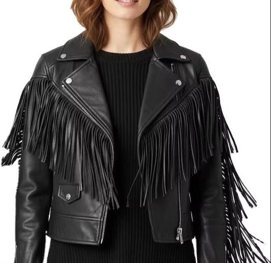 Women's Black Fringe Leather Biker Jacket - Western Style Moto Jacket