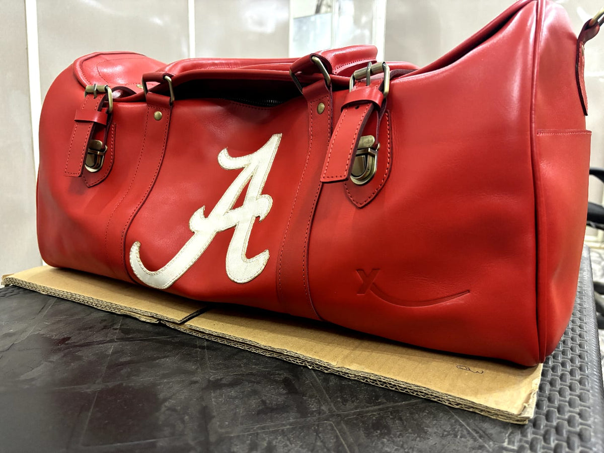 Red Leather Varsity Script "A" Duffle Bag | Weekender Travel Luggage