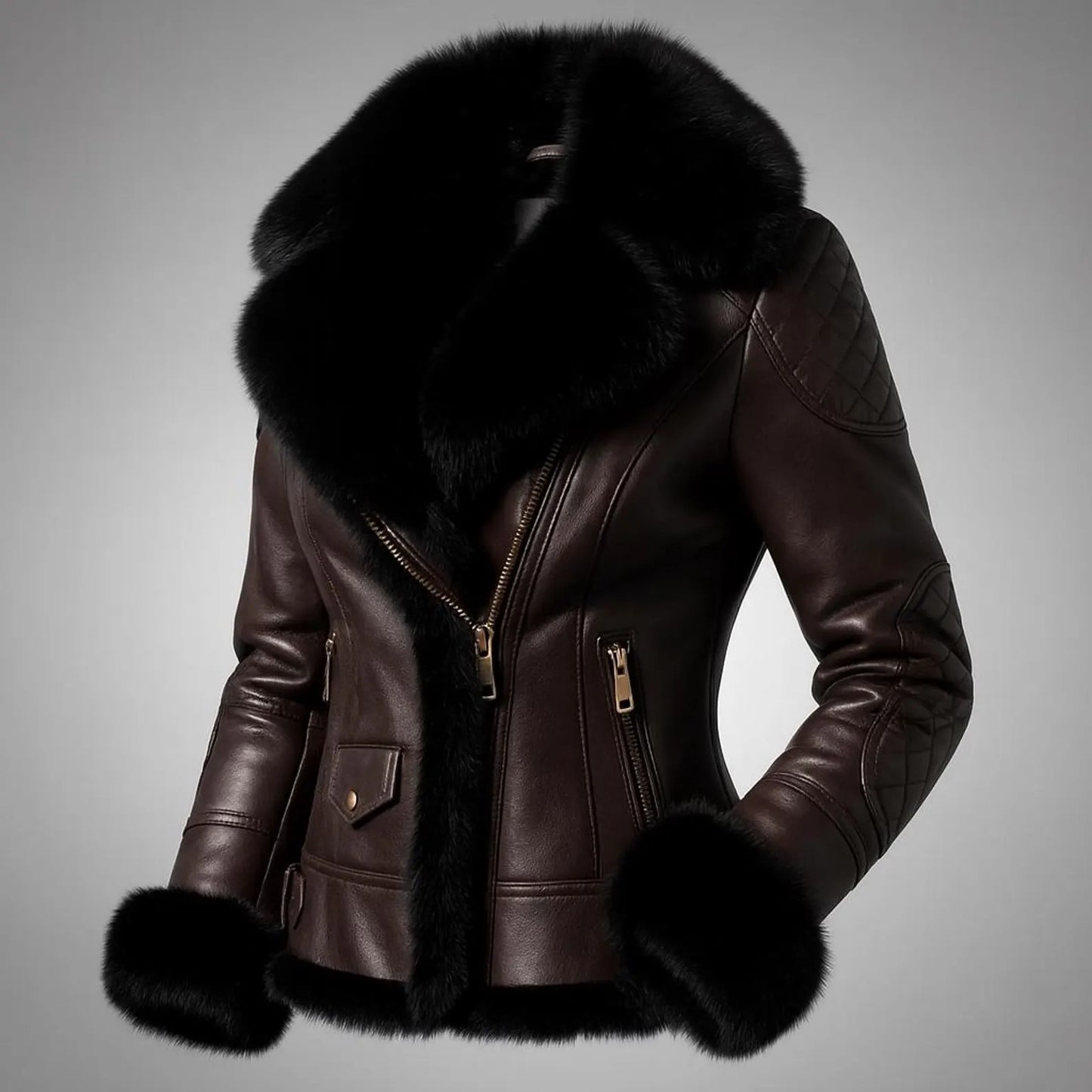 Women Brown Leather Jacket Fur Collar Slim Fit Winter Biker Genuine Leather Coat