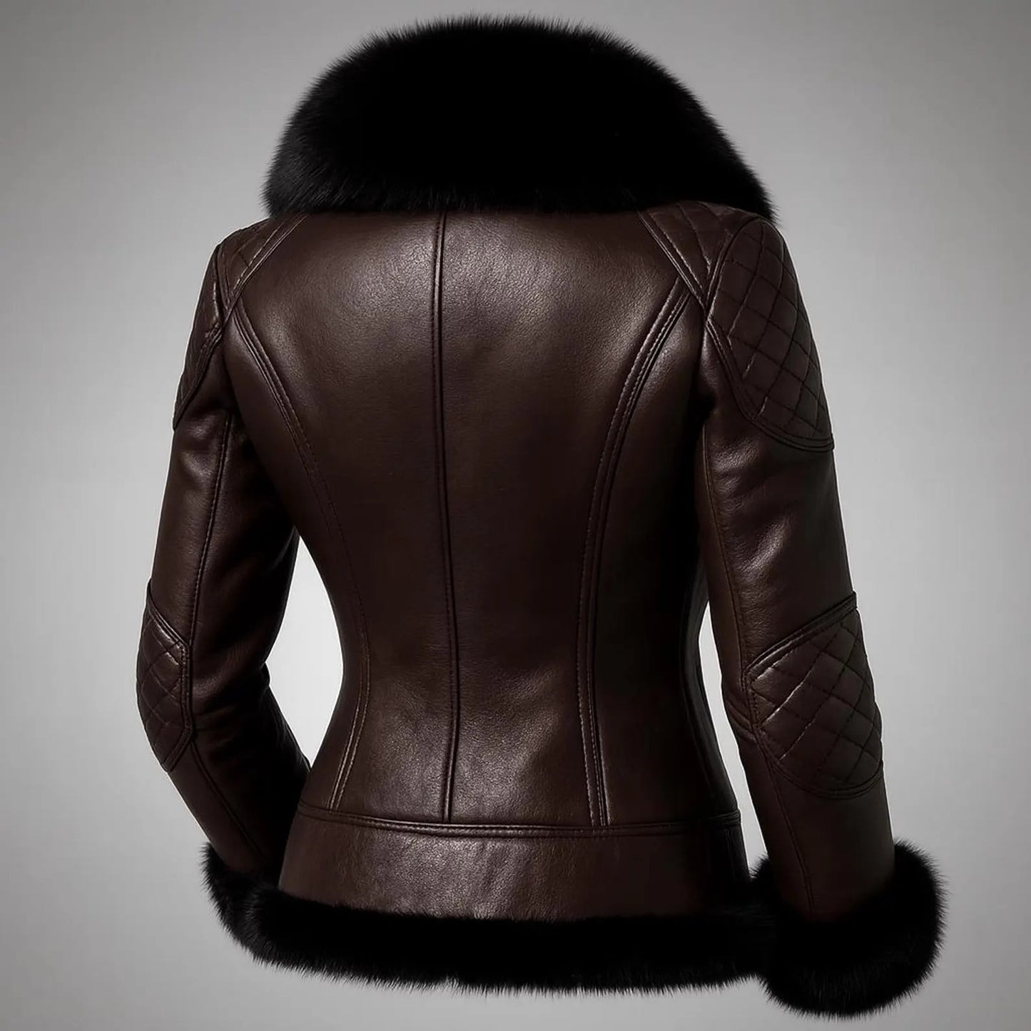Women Brown Leather Jacket Fur Collar Slim Fit Winter Biker Genuine Leather Coat