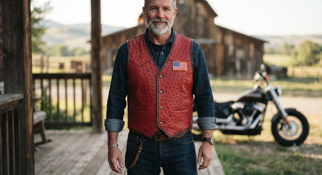 Rugged Americana: Crimson Ostrich-Leg Leather Vest & Denim Outfit