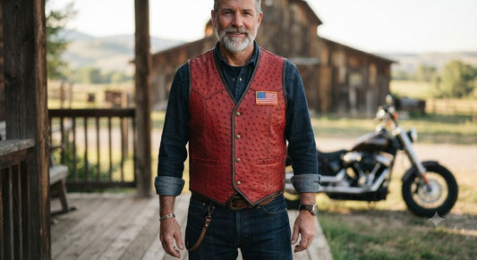Rugged Americana: Crimson Ostrich-Leg Leather Vest & Denim Outfit