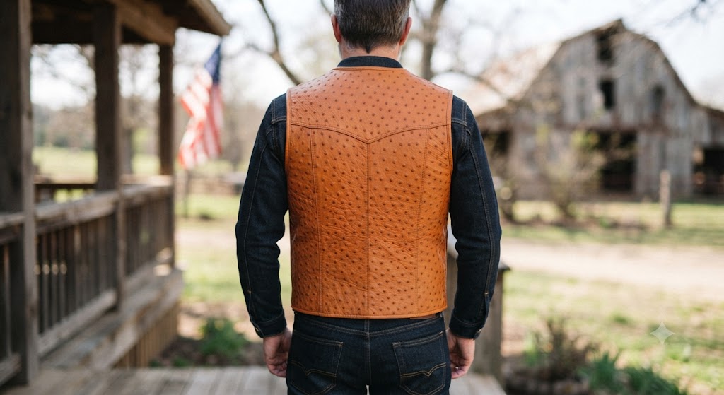 Men's Genuine Ostrich Leather Western Vest with American Flag Patch