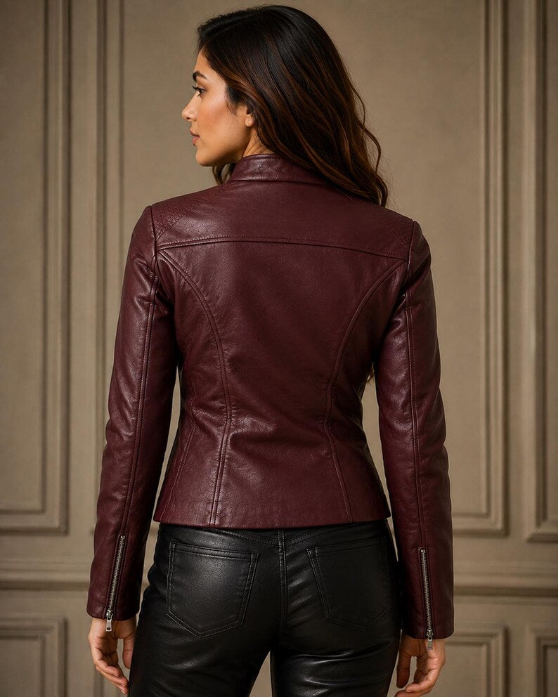 Women’s Slim-Fit Mandarin Collar Faux Leather Moto Jacket