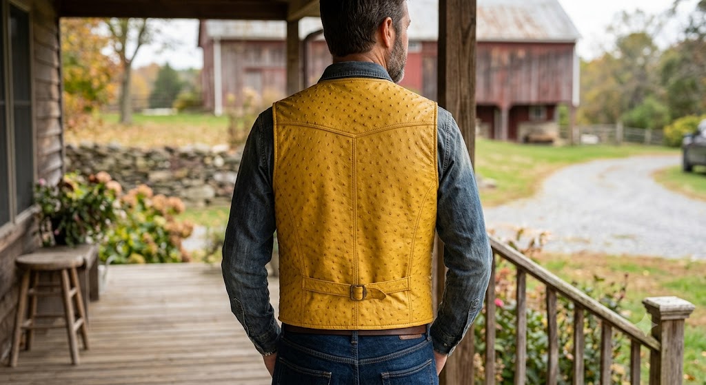 Mustard Ostrich-Texture Leather Vest with American Flag Patch