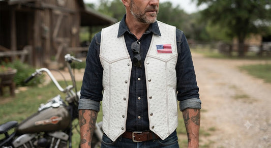 Premium Ostrich Leather Biker Vest with US Flag Patches