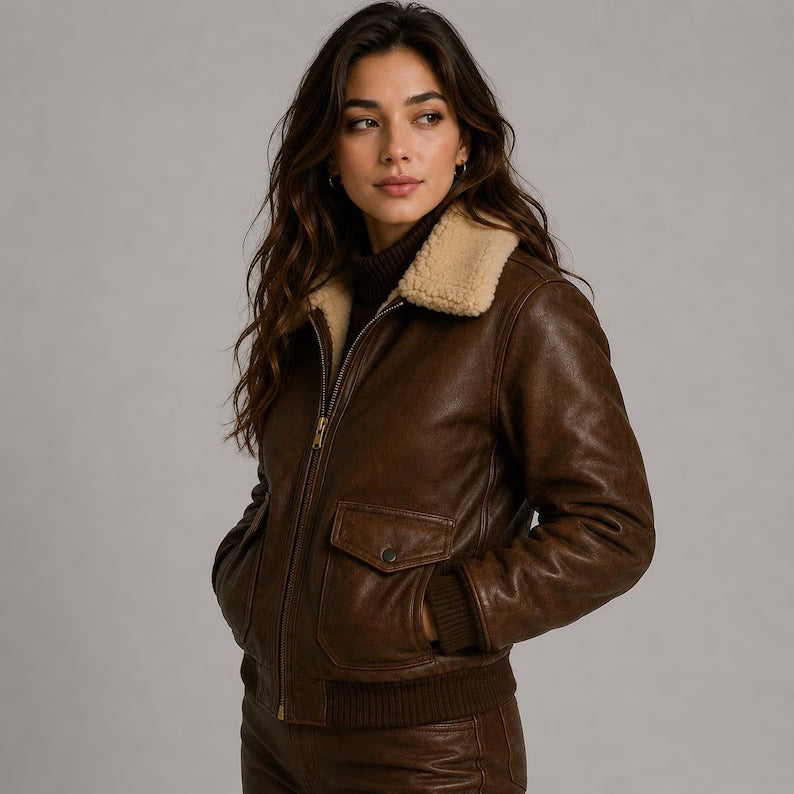 Title Women's Classic Brown Leather Flight Bomber Jacket with Faux Shearling Collar