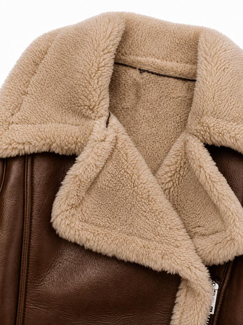 Women's Cropped Faux Shearling-Trimmed Faux Leather Aviator Jacket