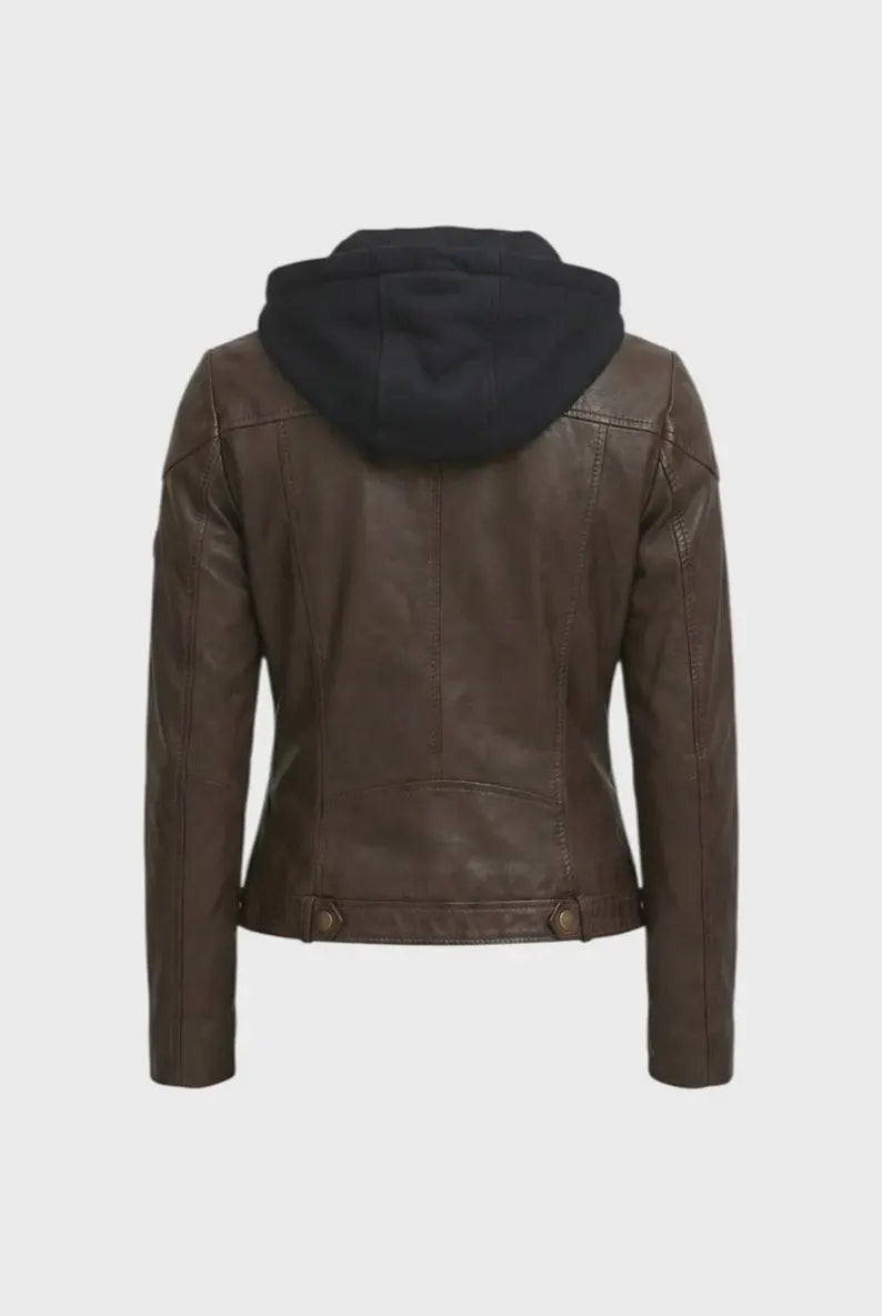 Women's Casual Brown Faux Leather Jacket with Removable Black Hood and Zip Pockets