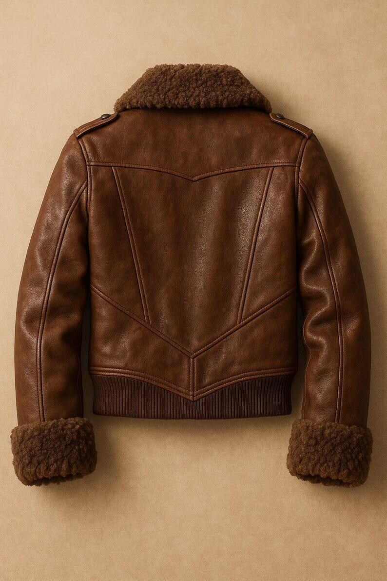 Classic Brown Leather Aviator Bomber Jacket with Shearling Trim