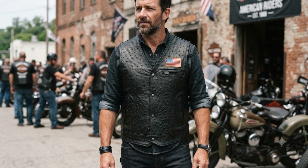 Men's Genuine Black Ostrich Leather Motorcycle Vest with American Flag Patch