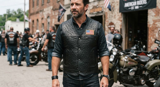 Men's Genuine Black Ostrich Leather Motorcycle Vest with American Flag Patch