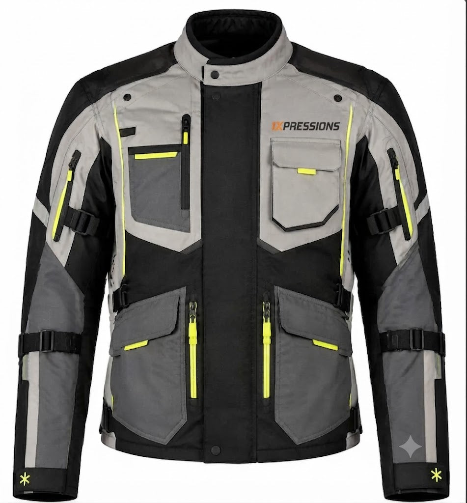 1Xpressions Men’s All-Weather Adventure Touring Motorcycle Jacket – Armored, High-Visibility Hi-Vis Accents (Grey/Black)