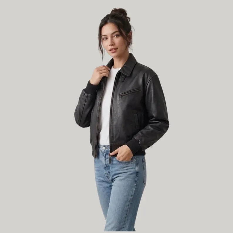 Women's Classic Leather Bomber Jacket with Ribbed Trim and Point Collar