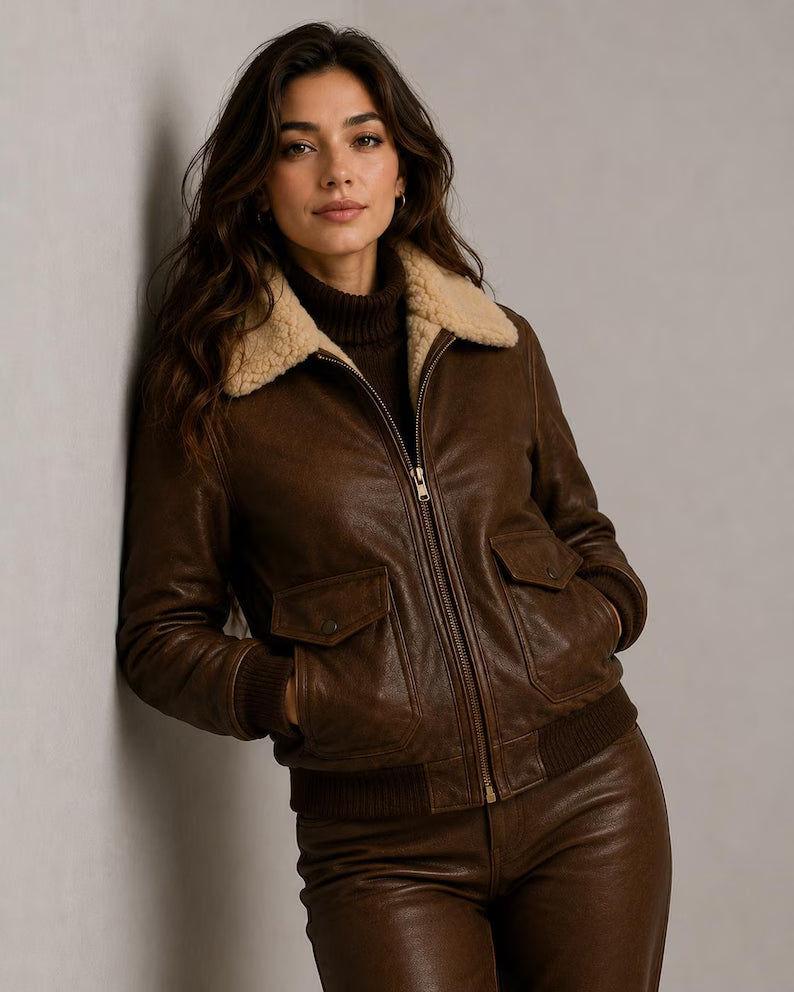 Title Women's Classic Brown Leather Flight Bomber Jacket with Faux Shearling Collar