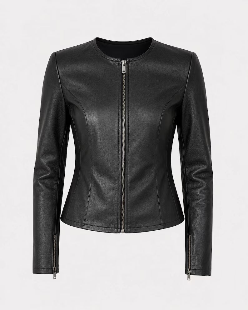 Women's Minimalist Crew Neck Faux Leather Jacket