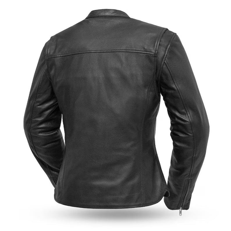 Women's Classic Black Leather Motorcycle Jacket with Vented Chest Pockets and Action Back