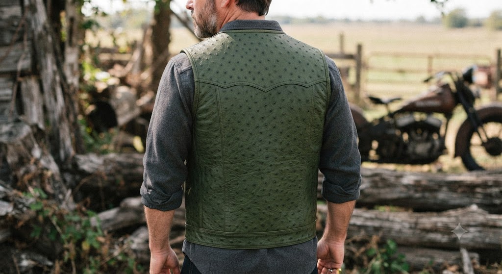 Olive Ostrich Leather Motorcycle Vest