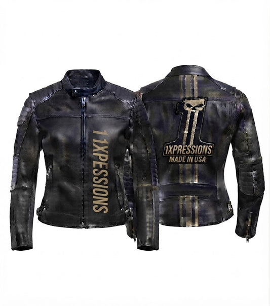 Custom "1XPRESSIONS" Black Leather Motorcycle Jacket – Front and Back Views