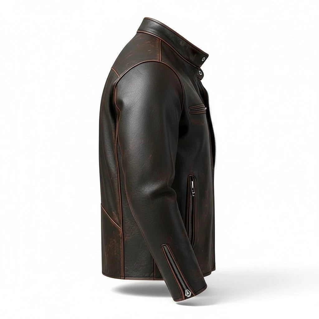 Cafe Racer Men's Leather Jacket Motorcycle Biker Distressed Cow hide Leather