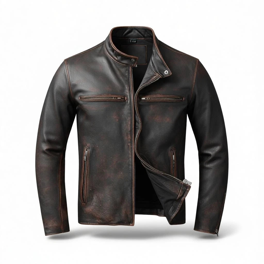 Cafe Racer Men's Leather Jacket Motorcycle Biker Distressed Cow hide Leather