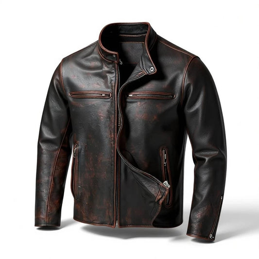 Cafe Racer Men's Leather Jacket Motorcycle Biker Distressed Cow hide Leather
