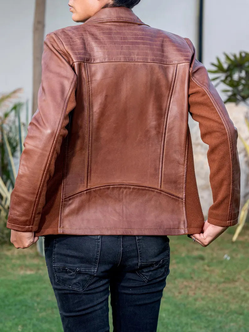 Women's Quilted Accent Genuine Leather Jacket with Side Panels