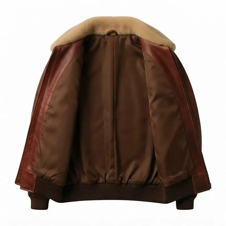 Men's Classic Brown Leather Flight Bomber Jacket with Shearling Collar