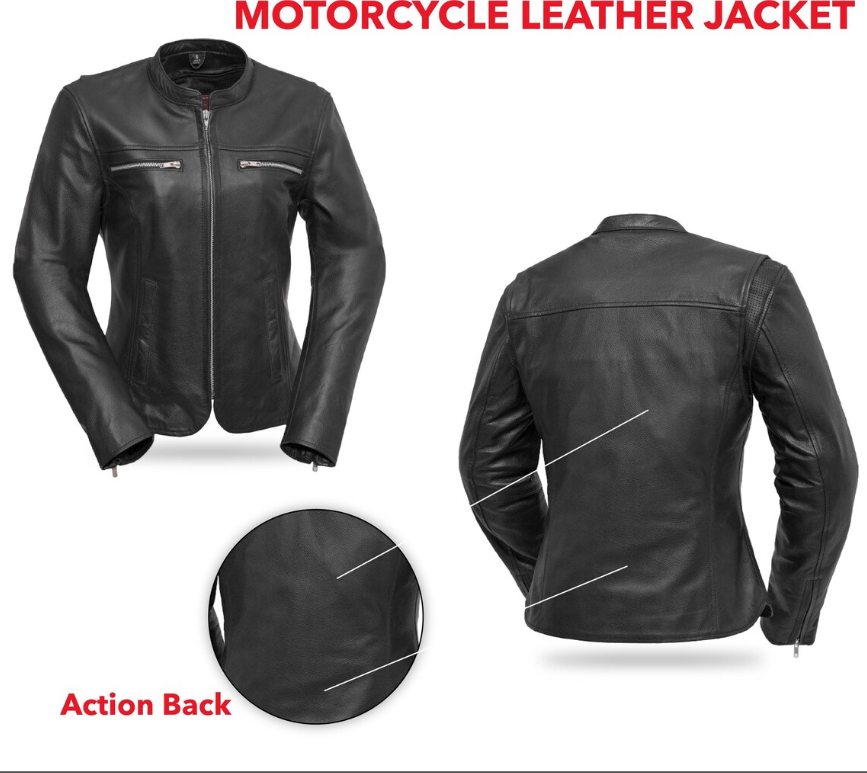 Women's Classic Black Leather Motorcycle Jacket with Vented Chest Pockets and Action Back