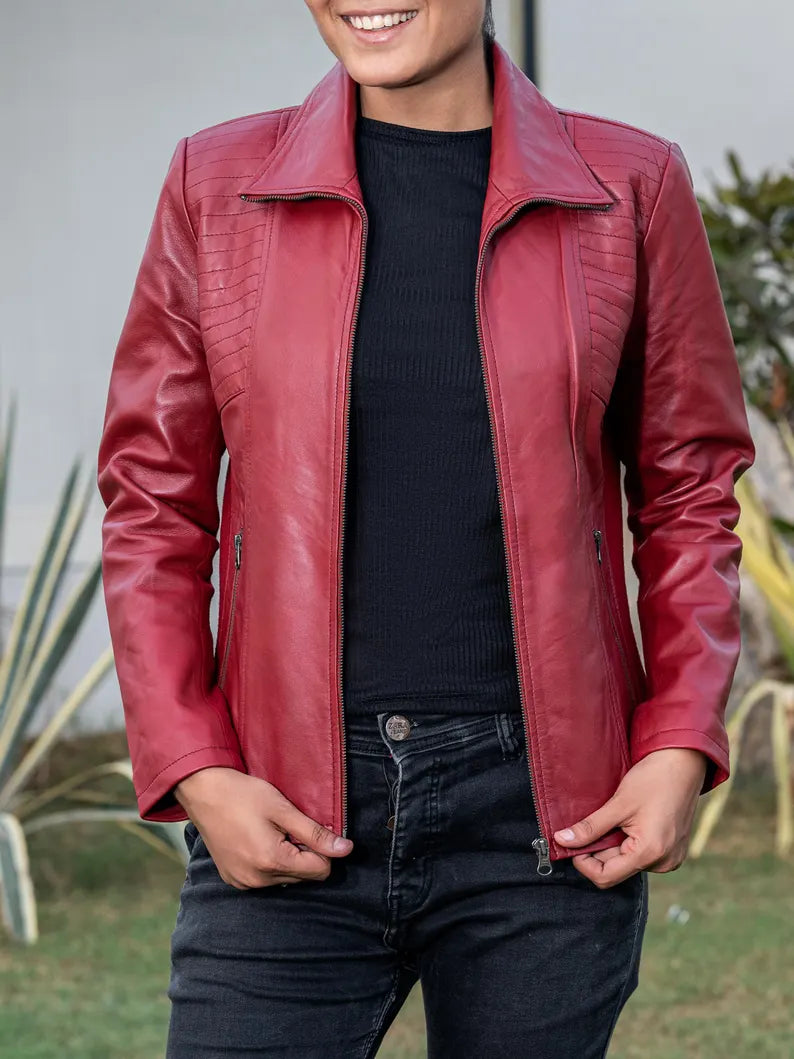 Women's Quilted Accent Genuine Leather Jacket with Side Panels