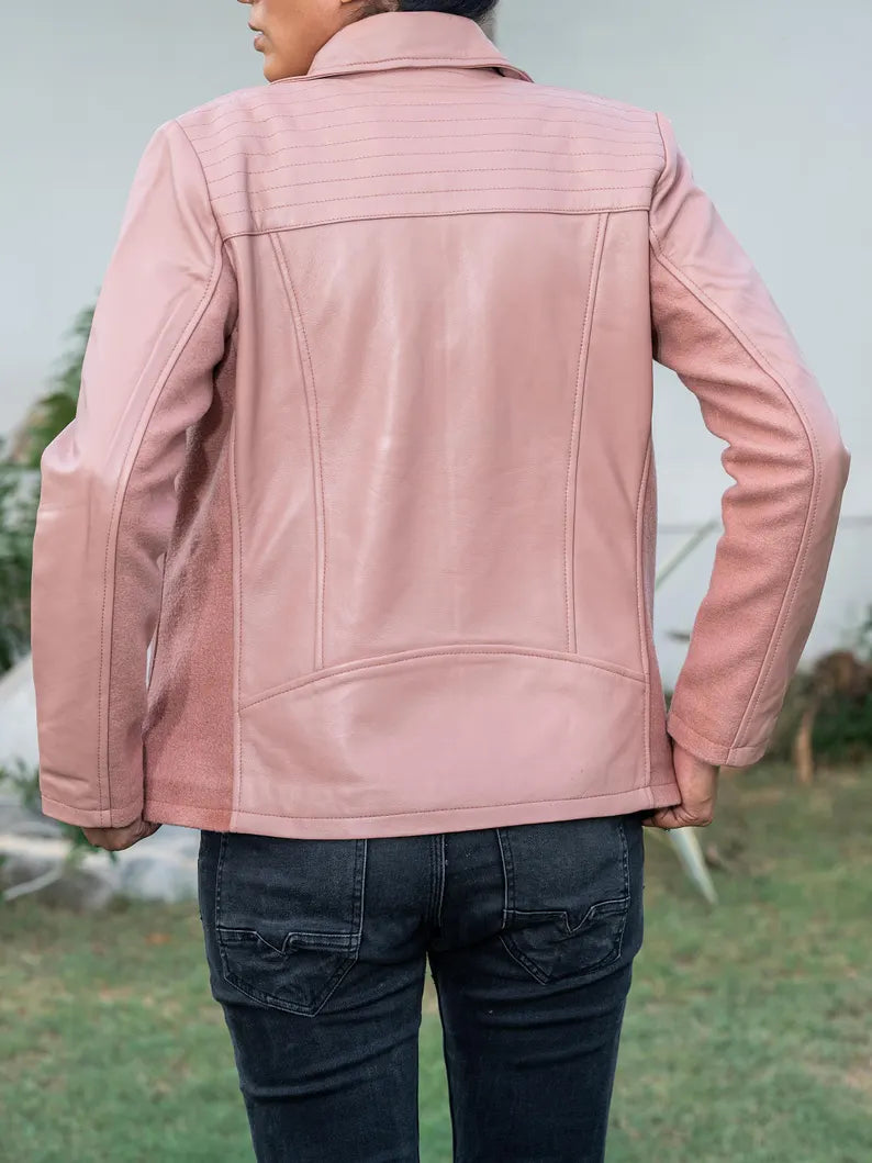 Women's Quilted Accent Genuine Leather Jacket with Side Panels
