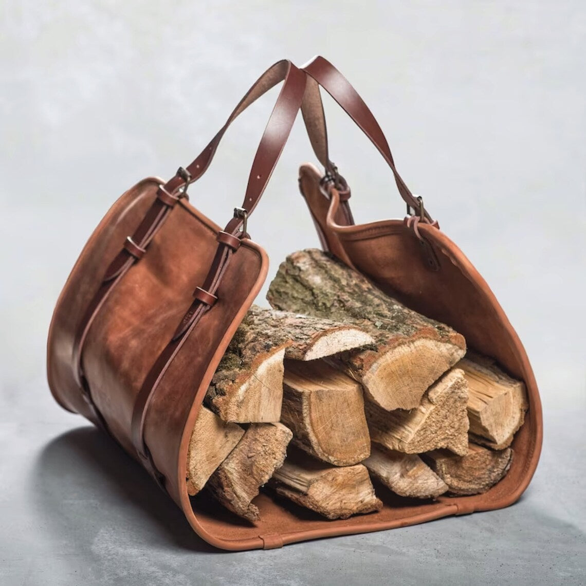 Leder-Holztragetasche, nützliche Tasche, handgefertigte Holztrage, Brennholz-Aufbewahrungstasche, schwere leichte Tasche, Geschenk für sie, Geschenk für ihn