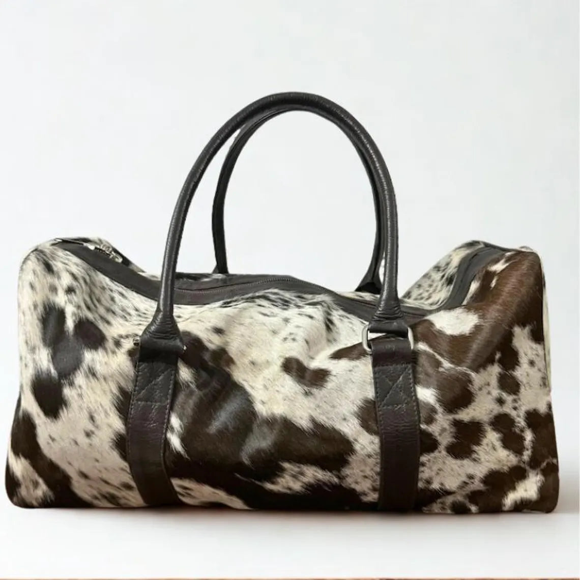 Handmade Hair-On Cowhide Duffle Bag: Leather Weekender Travel Bag