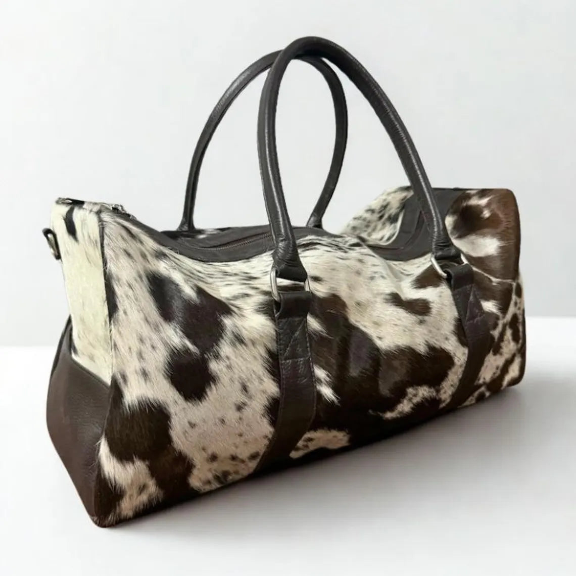 Handmade Hair-On Cowhide Duffle Bag: Leather Weekender Travel Bag