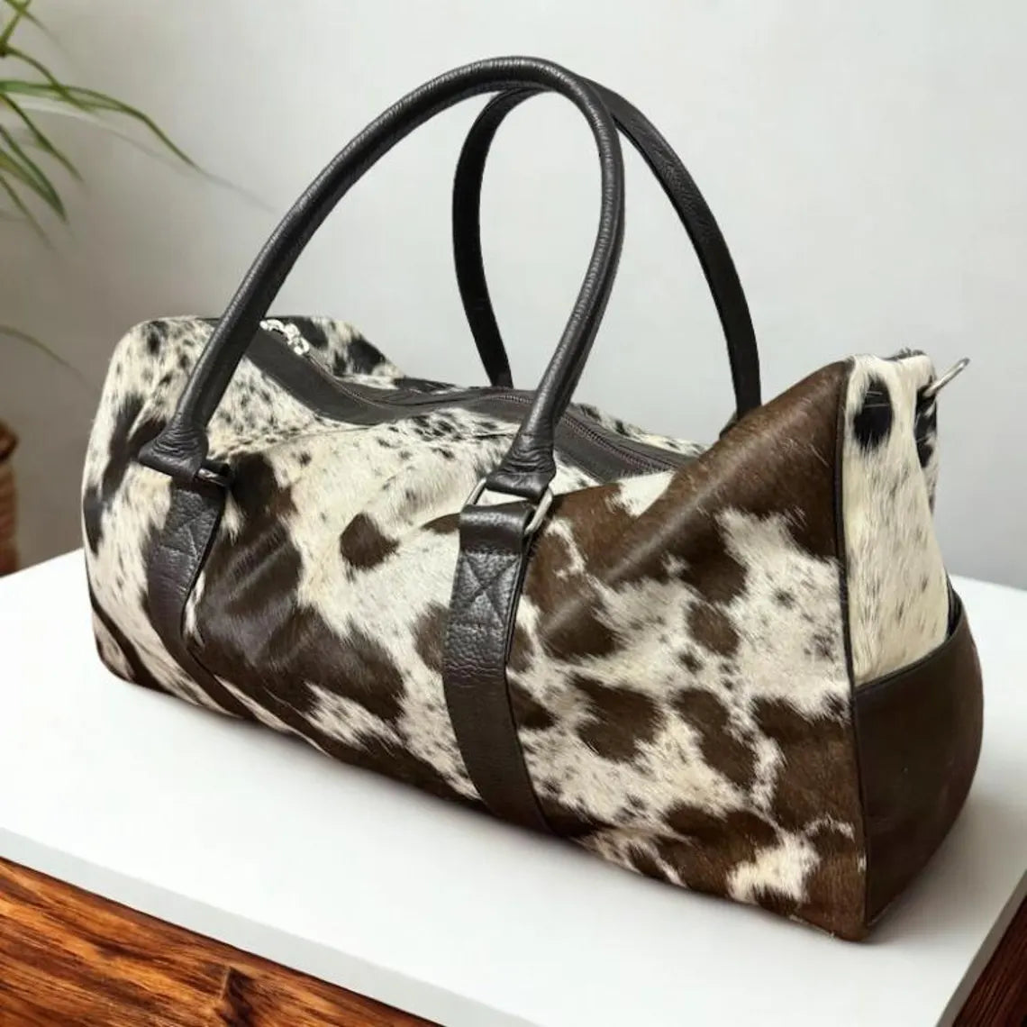 Handmade Hair-On Cowhide Duffle Bag: Leather Weekender Travel Bag