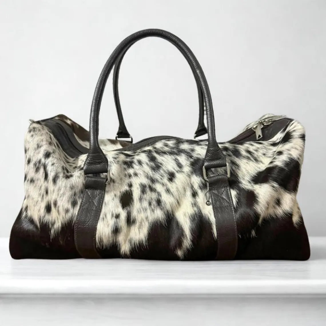Handmade Hair-On Cowhide Duffle Bag: Leather Weekender Travel Bag